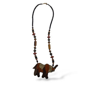 Vintage Wood Beaded Elephant Mixed Material Necklace Brown Green